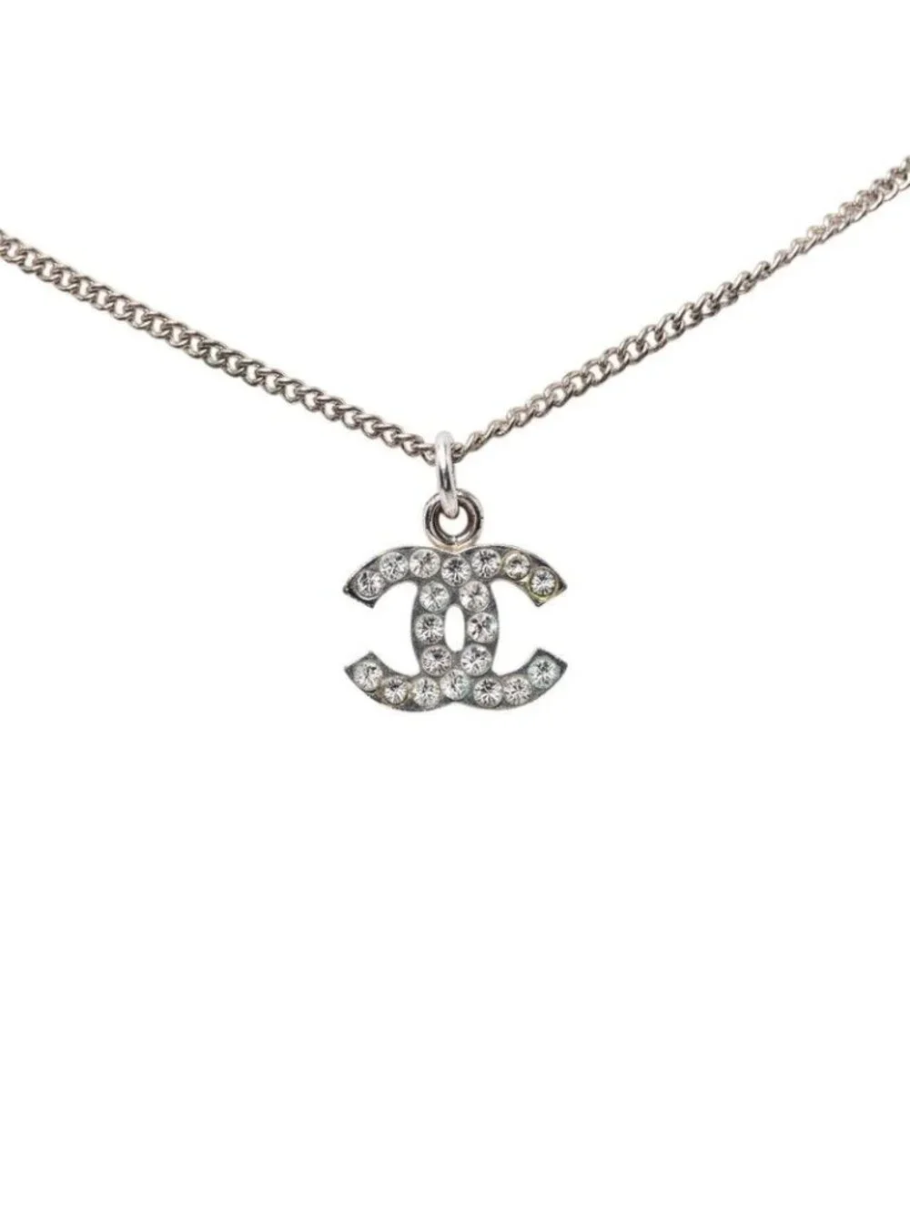 Chanel CC Logo Necklace Silver Metal Rhinestone